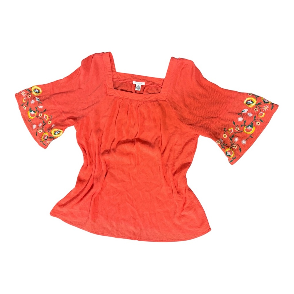 Flare Sleeve Floral Embroidered Square Neck Blouse 1X - Picture 2 of 5